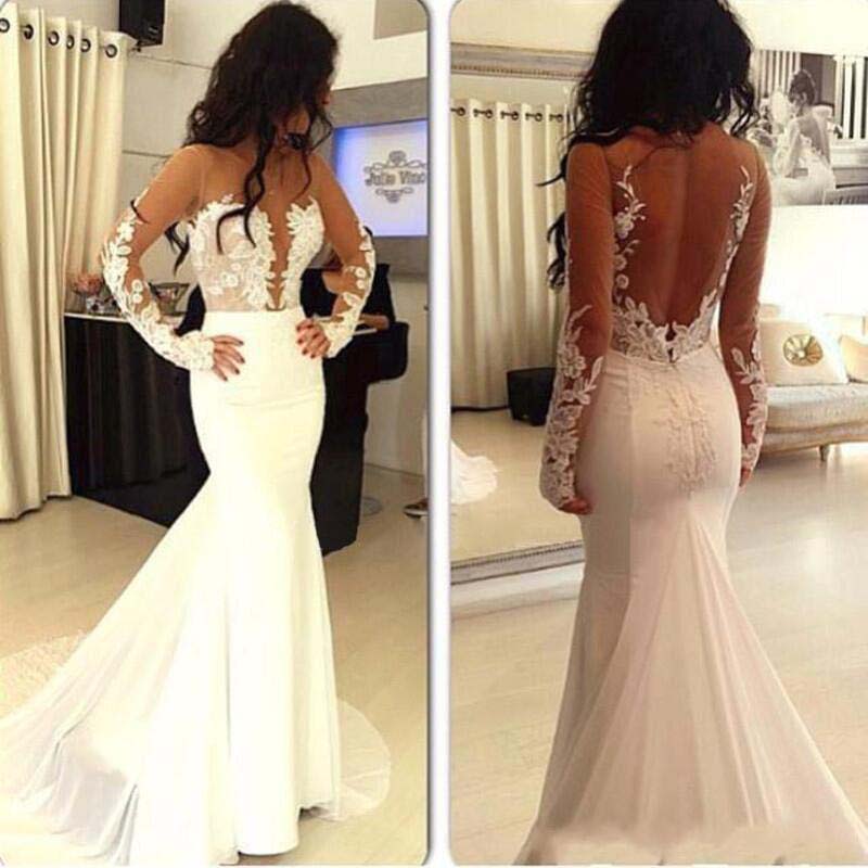Beautiful Long Sleeves See Through Mermaid Lace Appliques Wedding Dress With Trailing OKD53