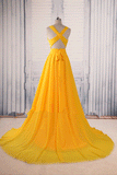 Yellow A Line V Neck Criss Cross Back Chiffon Long Prom Dresses OKB58