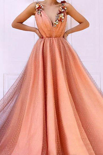 Orange 3D Flowers Long Prom Dress V-neck Tulle Evening Dress OKO85