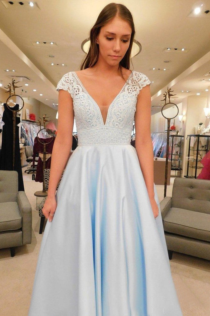 Simple V-Neck A-line Lace Cap Sleeves Sky Blue Prom Dress for Junior OKS79