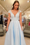 Simple V-Neck A-line Lace Cap Sleeves Sky Blue Prom Dress for Junior OKS79