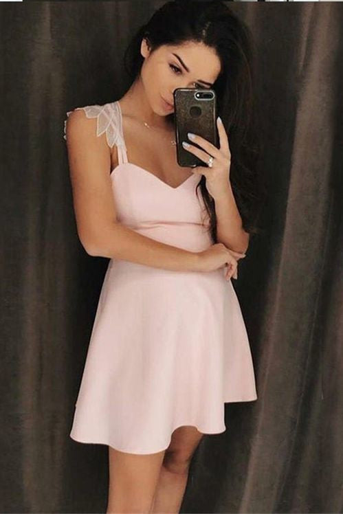 Simple A Line Spaghetti Straps Short Pink Homecoming Dress with Appliques OKD25
