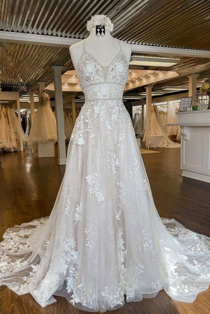 Unique V Neck Tulle Lace Spaghetti Straps Long Wedding Dress With Appliques OK1161