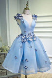 Sky Blue Butterfly Applique A Line V Neck Short Homecoming Dresses OKB67