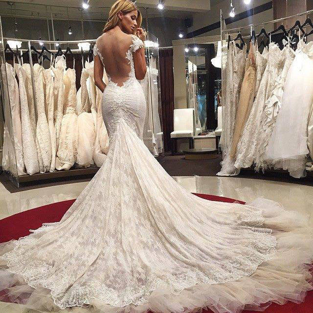 Sexy Mermaid Lace Wedding Dress Cap Sleeves Appliques Bridal Gowns OK106