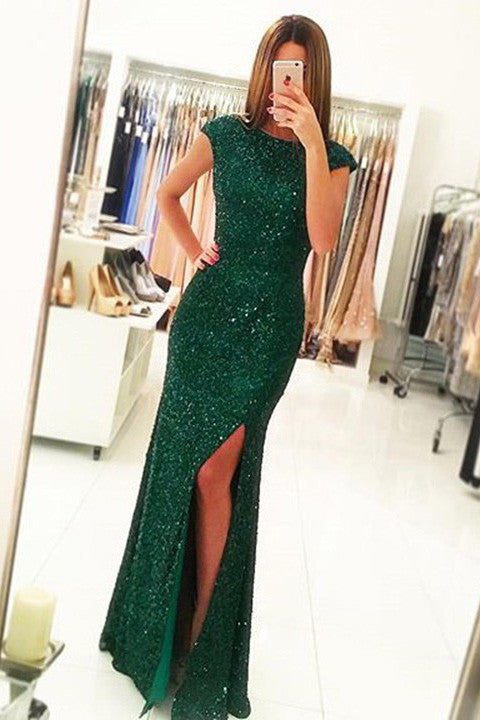 Luxurious Cap Sleeves Dark Green Split-Front Open Back Long Sequin Sexy Mermaid Prom Dresses OK150