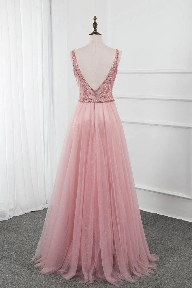 Pink Split Long Prom Dress Beading Sequined Tulle V Neck Sleeveless Party Gown OKW73