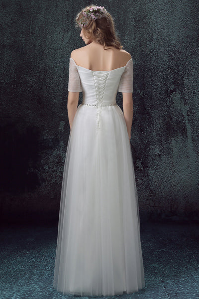 Simple Tulle Off Shoulder Floor-Length Short Sleeves A-line Lace Up Back Wedding Dresses OK802