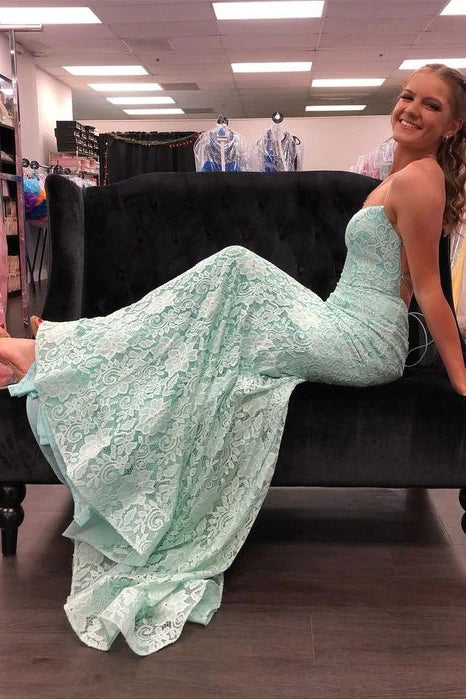 Mermaid Mint Green Lace Long Prom Dress Spaghetti Straps Evening Dress OK1367
