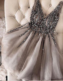 Luxurious Sequins Beaded V-neck Tulle Short Gray Homecoming Dress OKB90