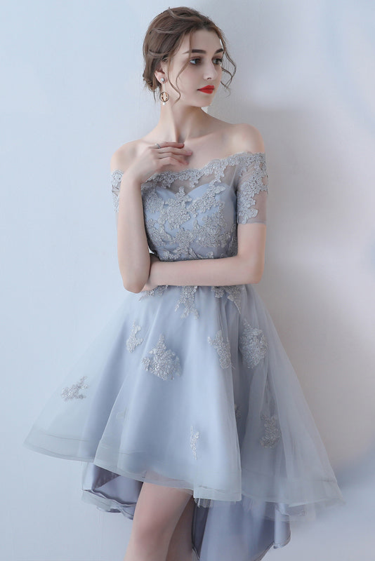 Off the Shoulder Organza A Line High Low Short Sleeves Lace Top Homecoming Dresses OKC8