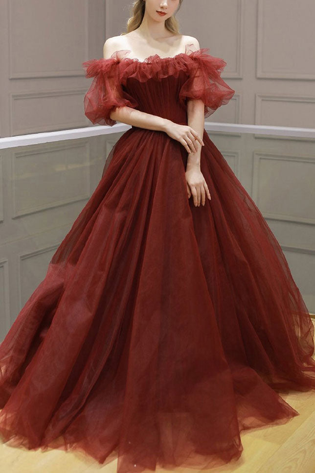 Burgundy Off Shoulder Tulle Long Prom Dress A Line Formal Evening Dress OK1271