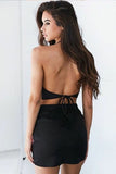 Tight Two Piece Black Satin Homecoming Dresses with Flower Appliques OKB76