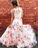 Two Piece Floral Long Lace A Line Prom Dresses Graduation Party Dress OK880