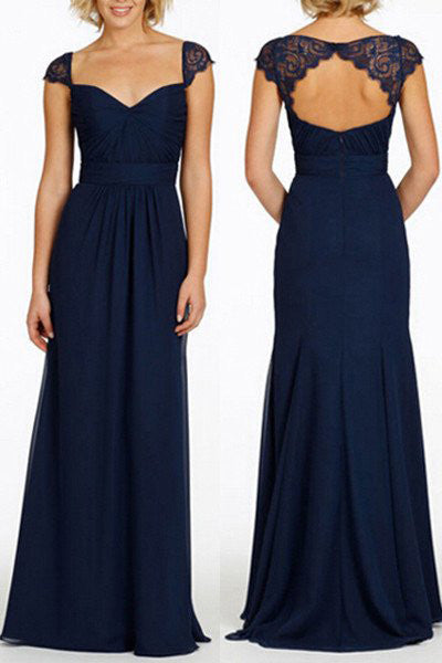 Navy Blue Long Open Back Cap Sleeve Sexy Chiffon Bridesmaid Dress OK189