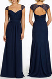 Navy Blue Long Open Back Cap Sleeve Sexy Chiffon Bridesmaid Dress OK189