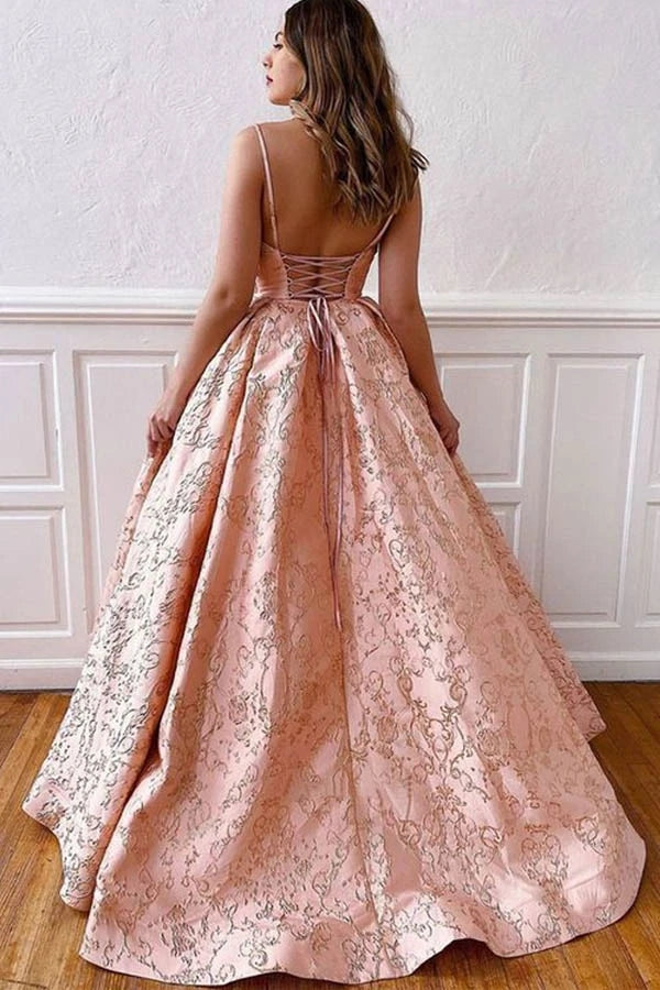 Ball Gown Spaghetti Straps Cross Back Blush Pink Long Prom Dress OKT97