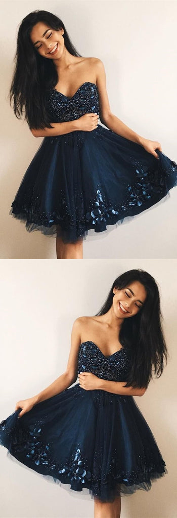 Cheap A-Line Sweetheart Navy Blue Tulle Short Homecoming Dresses with Beading OKC40