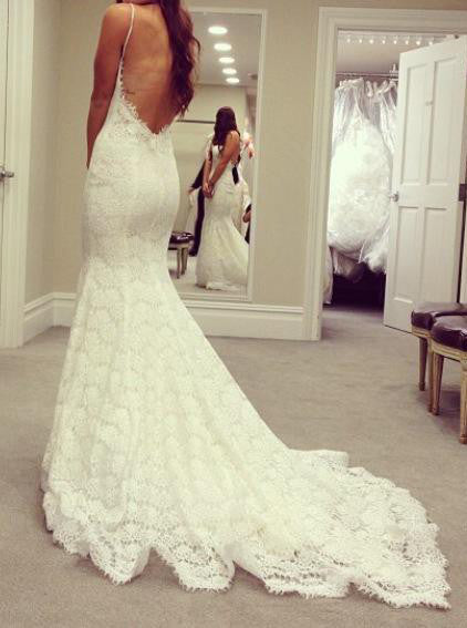 Mermaid Sweetheart Spaghetti Straps Lace Backless Court Train Wedding Dresses OKB03