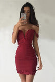 Sheath Off-the-Shoulder Short Dark Red Homecoming Dress with Lace Appliques OKE1