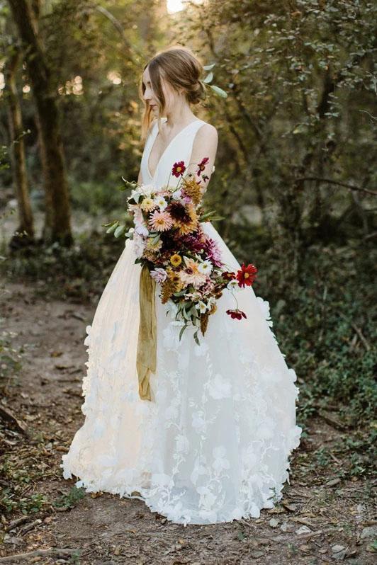 A Line V Neck Floor Length Wedding Dress Ivory Lace Appliques Bridal Dress OK1055