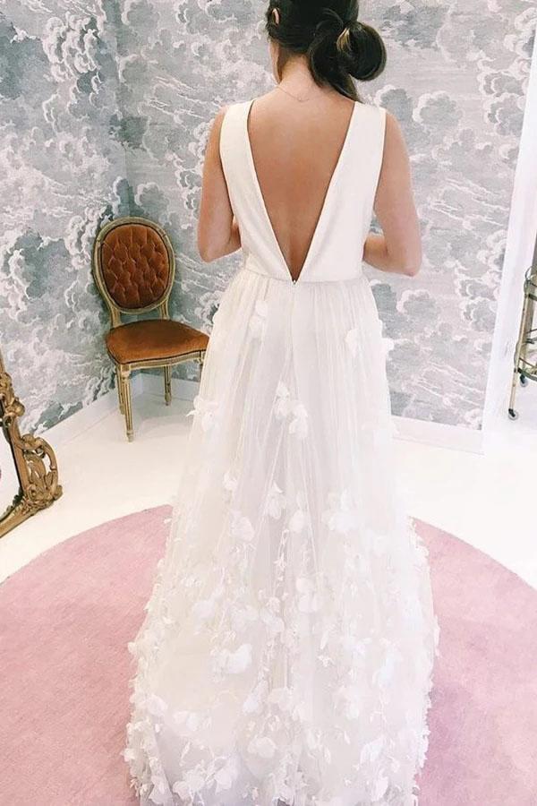 A Line V Neck Floor Length Wedding Dress Ivory Lace Appliques Bridal Dress OK1055