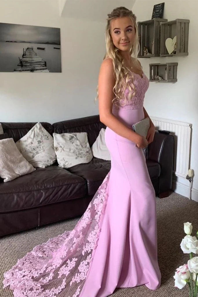 Mermaid Rose Red Pageant Dress Elegant Long Prom Dresses With Lace Train OK1800