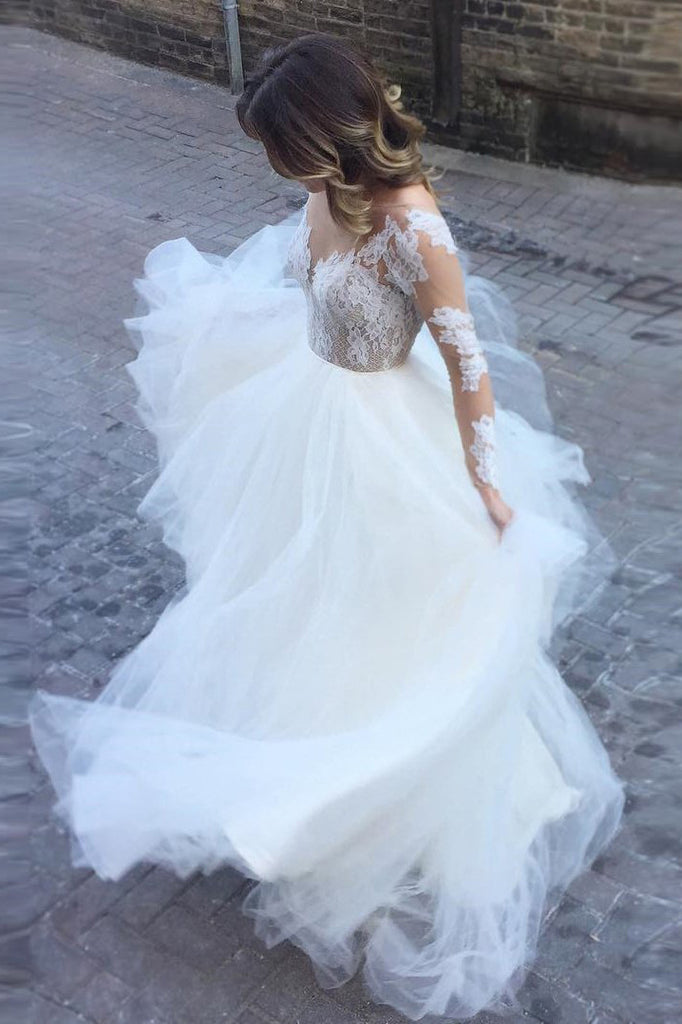 Romantic Wedding Dresses,Ball Gown Wedding Dress,Long Sleeves Wedding Dresses,Tulle Bridal   Gown
