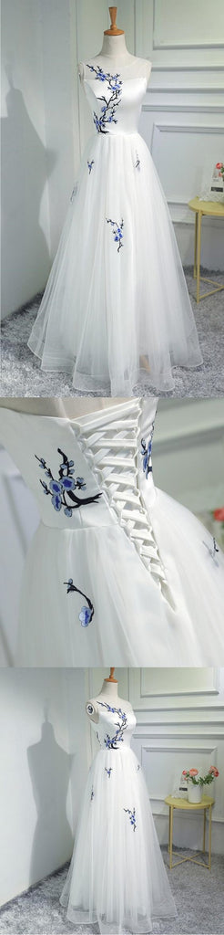 Simple Women Fashion White Embroidery Tulle Long Prom Evening Dress OK945