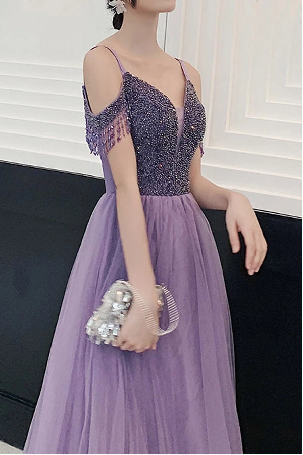 Elegant Cold Shoulder Beaded Lilac Tulle Long Prom Dress OKT95