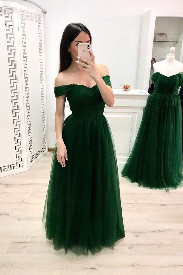 Simple A Line Off the Shoulder Prom Dress, Long Tulle Green Prom Dress OKK25