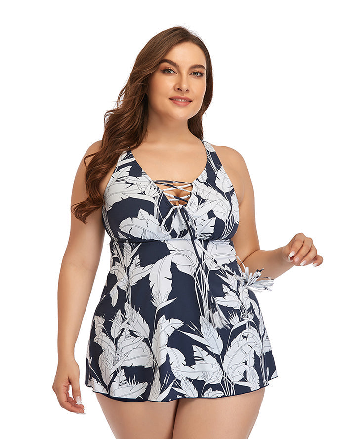V-neck Printed Plus Size Swimdress with Boxer Swimming Trunks Main image