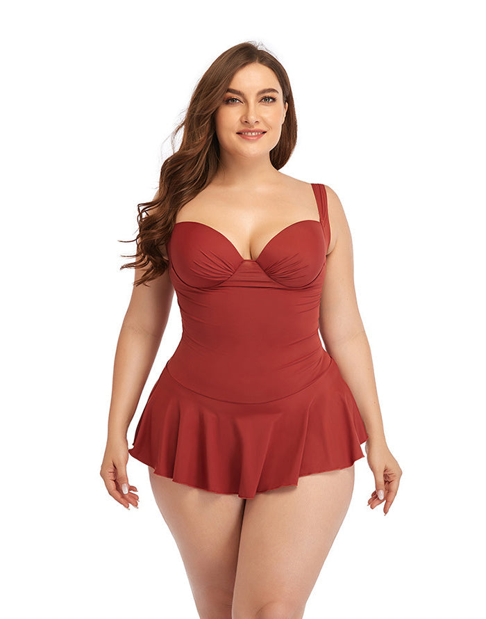 Brick Red Sweetheart Neckline Underwire One-Piece Swimsuit