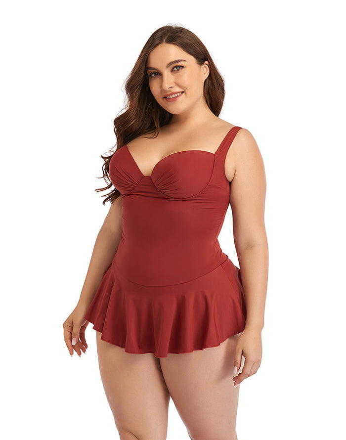 Brick Red Sweetheart Neckline Underwire One-Piece Swimsuit