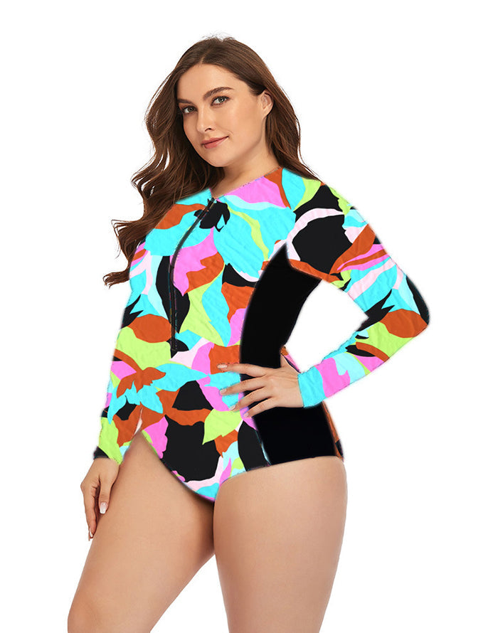 Color High Neckline Zipper Long-Sleeved One-Piece Swimsuit Main image