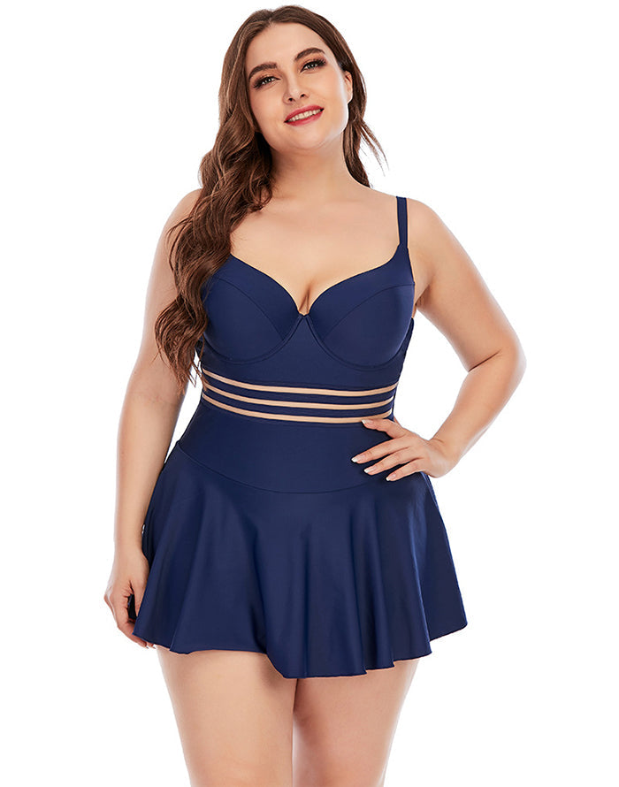 Dark Blue Sweetheart Neckline Skirt One-Piece Swimsuit