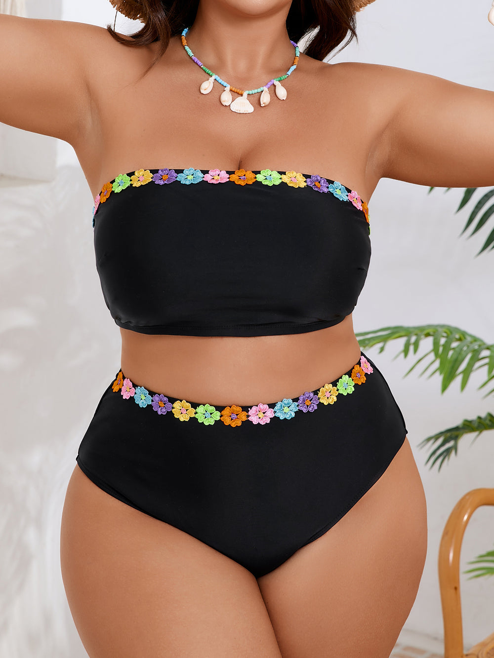 Floral Trim Bandeau Bikini Set