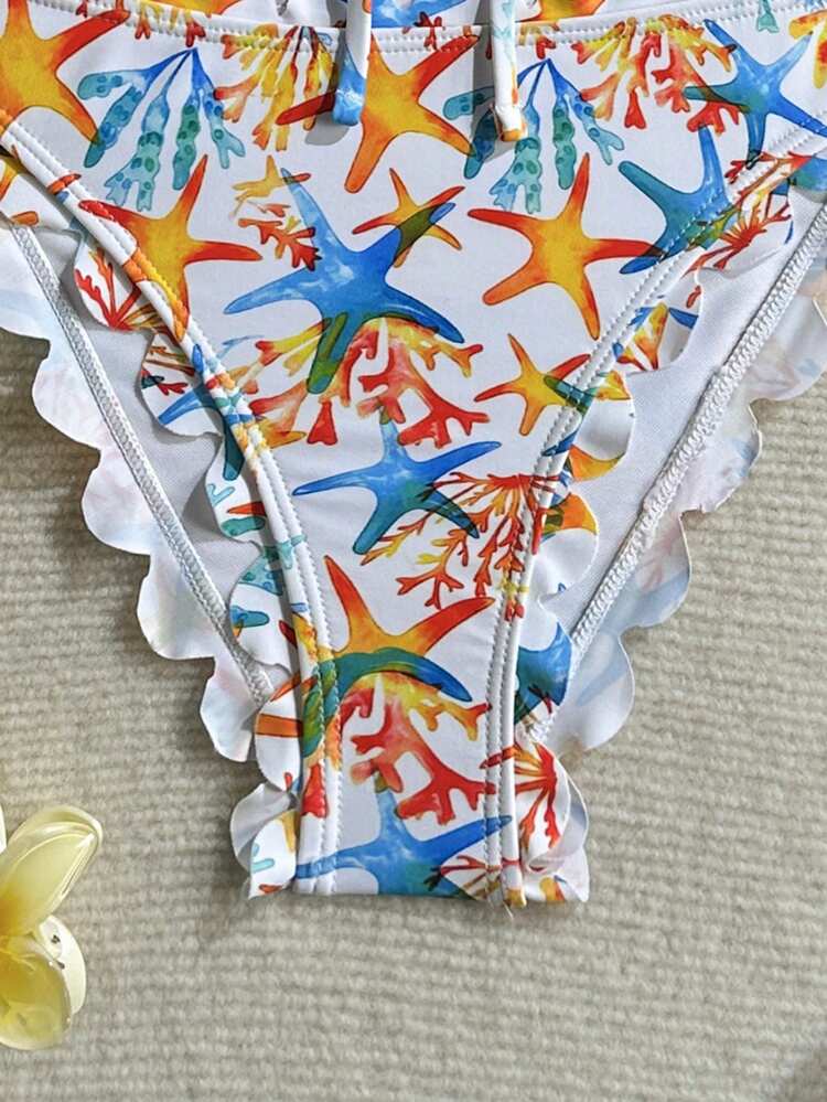 Leaf Print Flounce Halter Tie Front Bikini Set