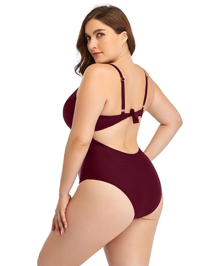 Maroon Sweetheart Neckline Hollow One-Piece Swimsuit Secondary image