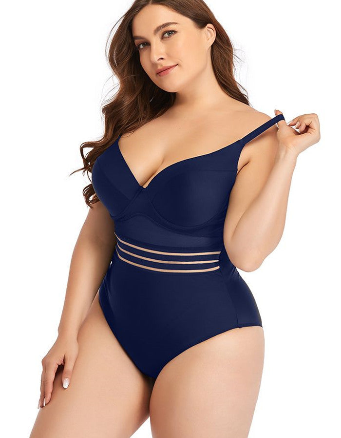 Dark Blue Sweetheart Neckline Cutout One-Piece Swimsuit