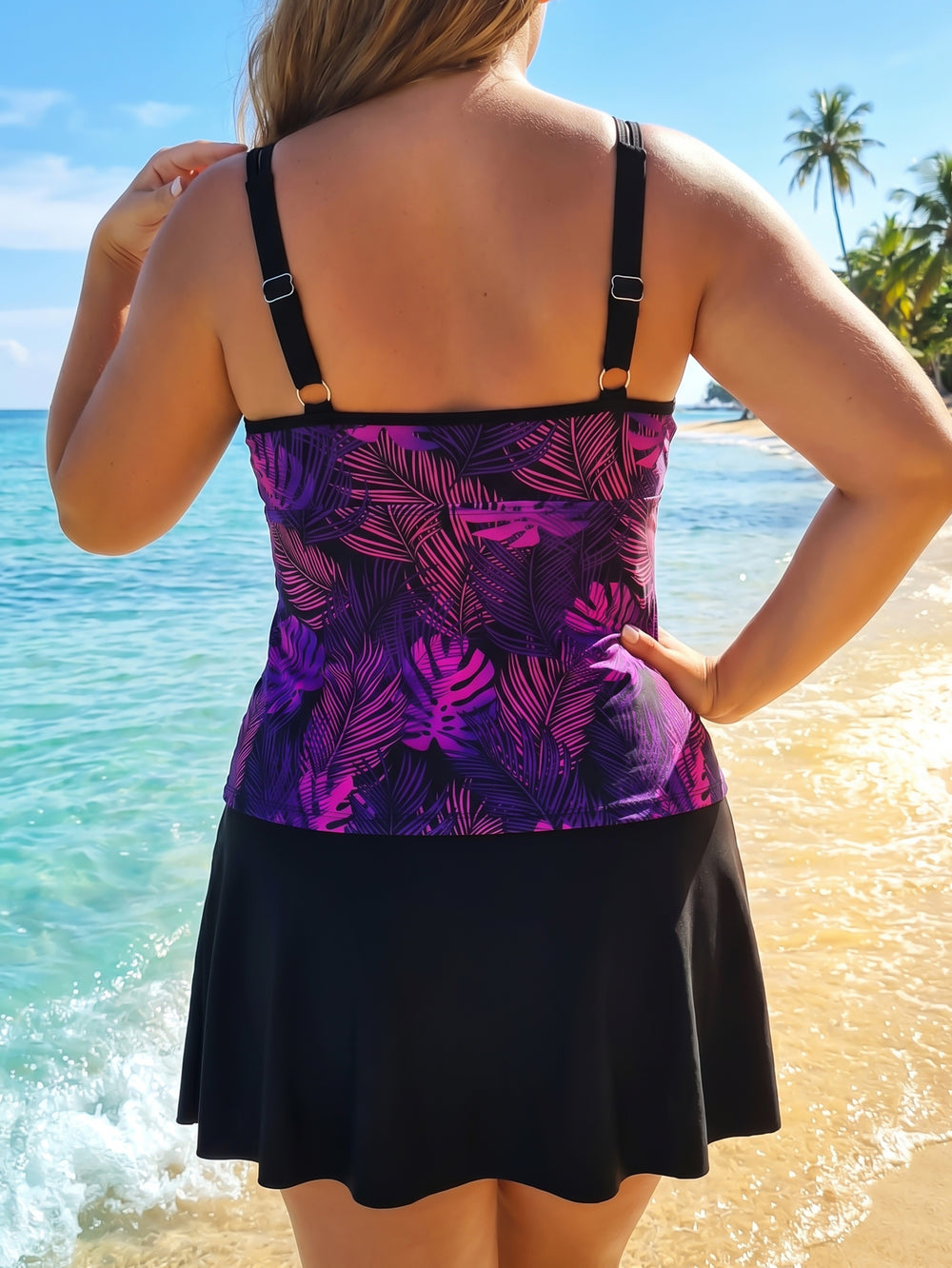 Palm Print Tankini Set With Skirt
