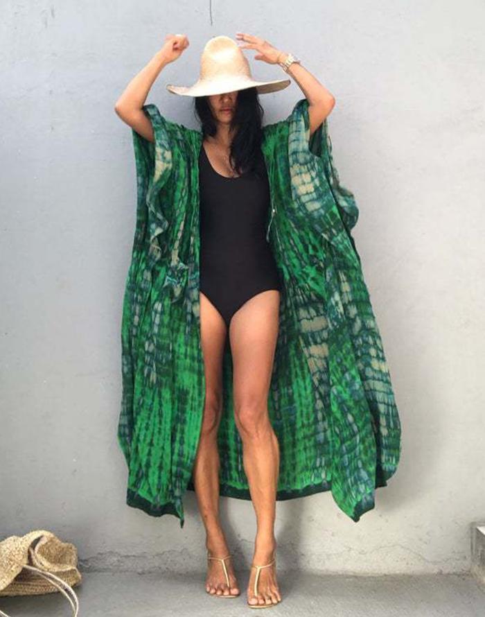 Ocevara - Green Hooded Printed Beach Vacation Swimsuit Cover Up Main image
