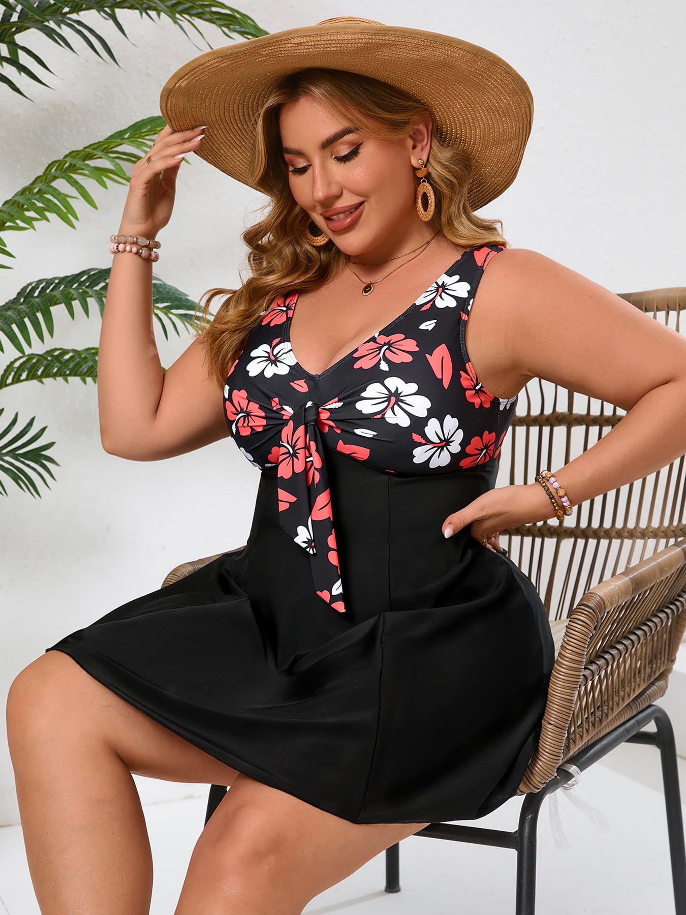Floral Contrast Bow Swimdress