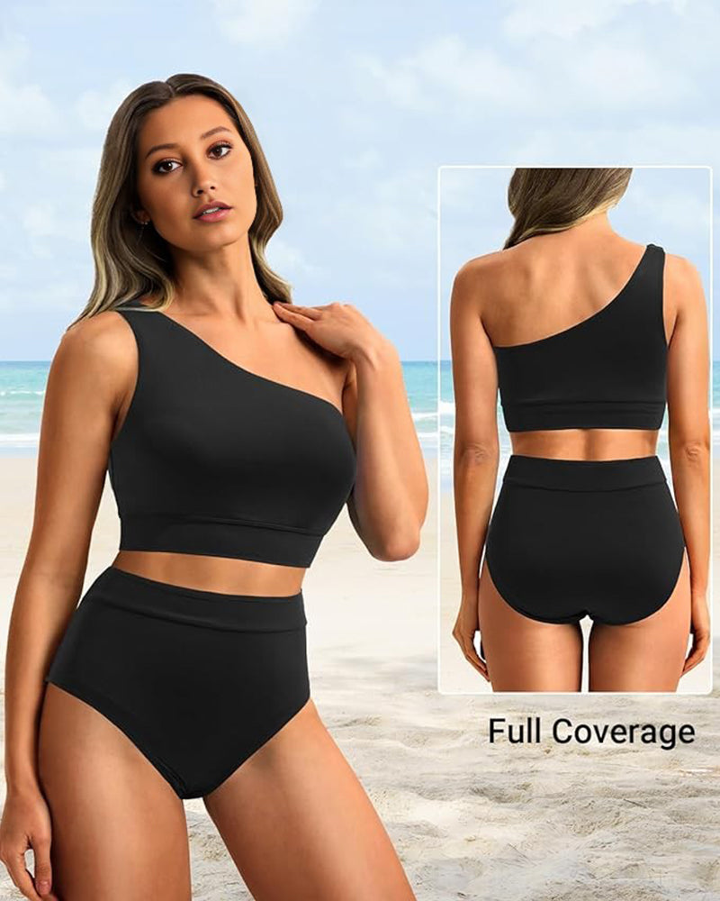 Ocevara - High-Waist One-Shoulder Tummy Control Bikini Set