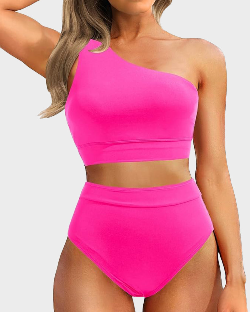 Ocevara - High-Waist One-Shoulder Tummy Control Bikini Set