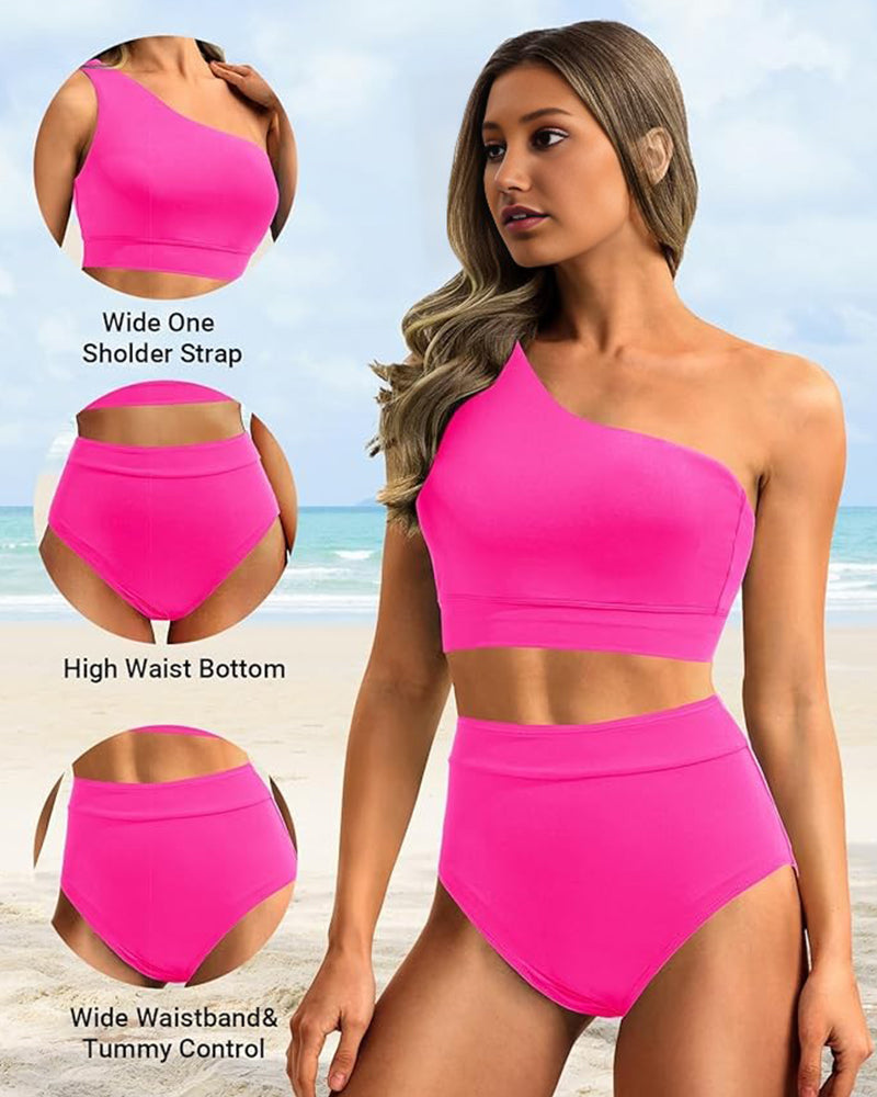 Ocevara - High-Waist One-Shoulder Tummy Control Bikini Set