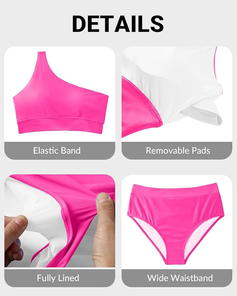 Ocevara - High-Waist One-Shoulder Tummy Control Bikini Set