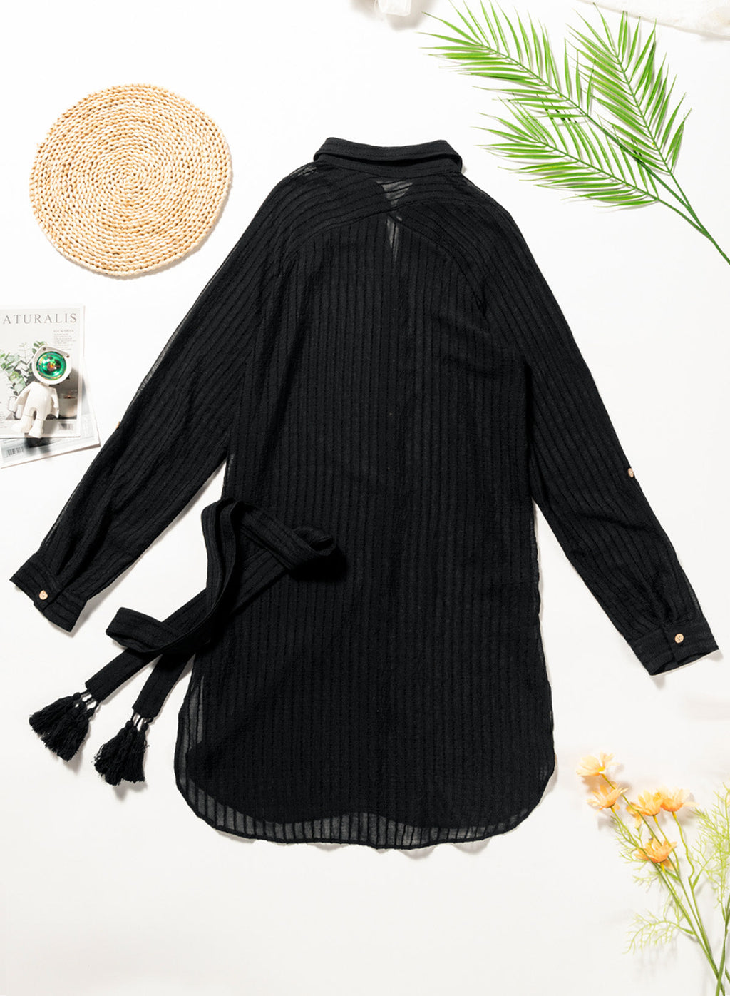 Ocevara - Black Solid Color Tie Sun-proof Belt Sexy V Neck Cover Up