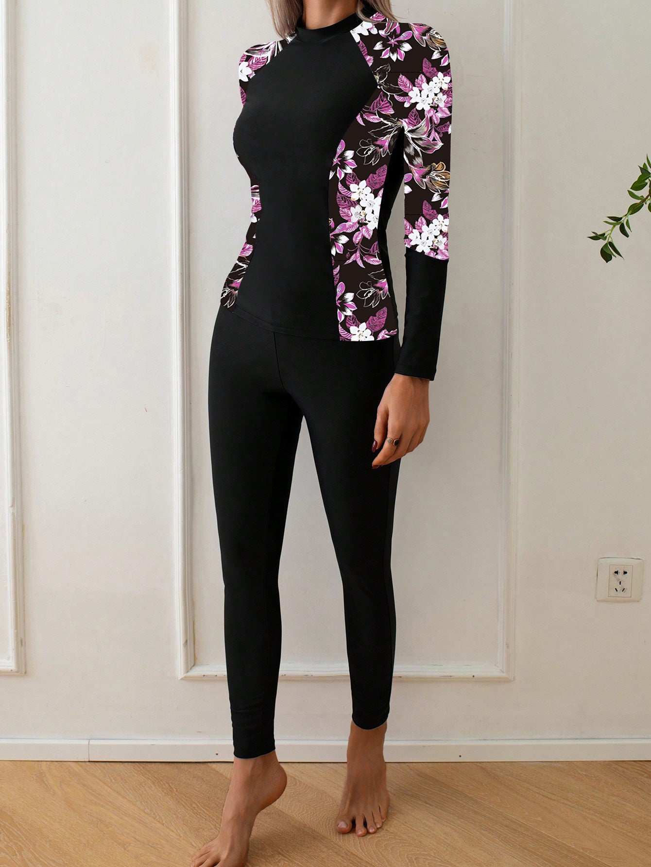 Floral Panel Long-Sleeve Rash Guard Swimsuit - color-04