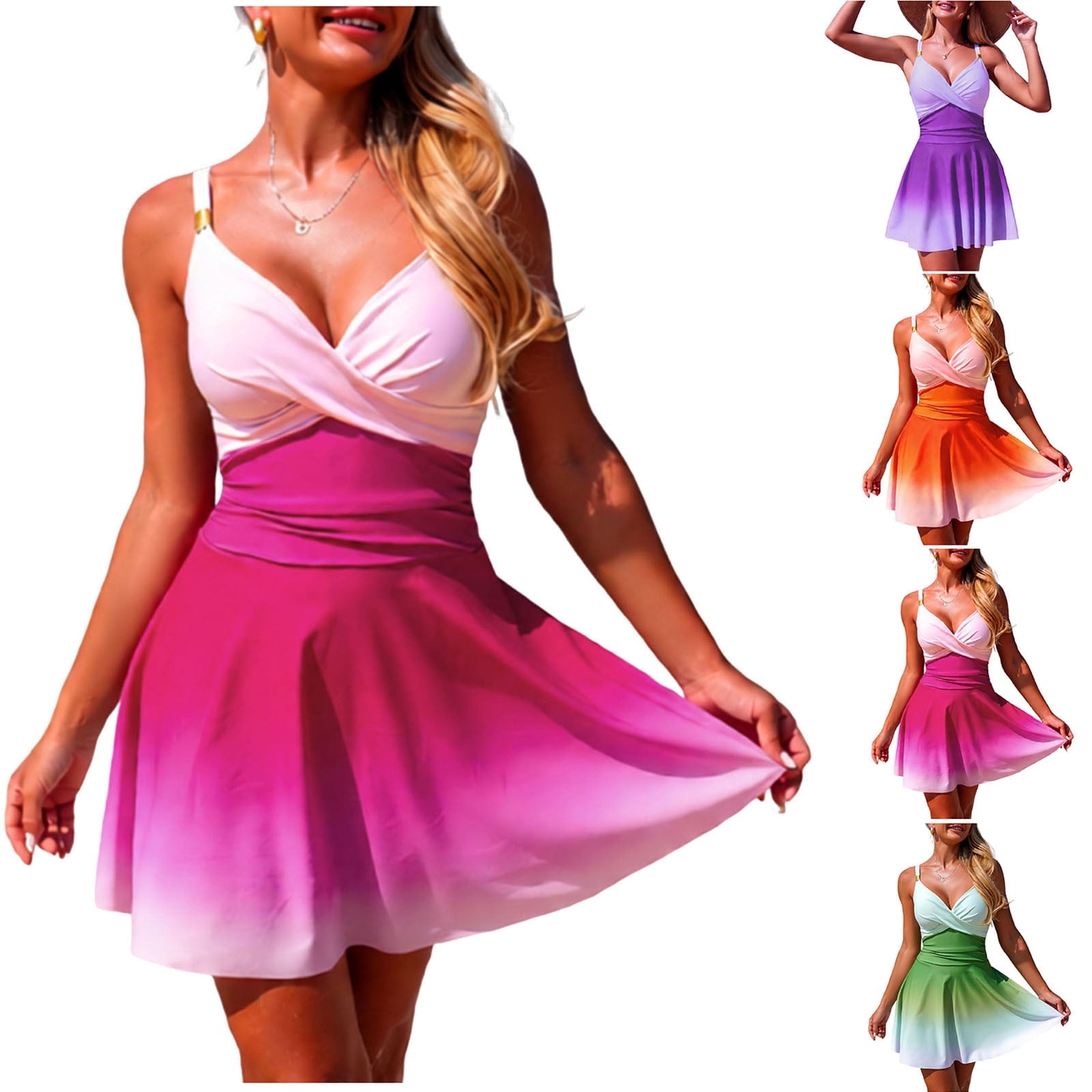 Women's Fashion V-Neck Twist Front Swimdress Trendy Gradient Swim Dress Classic Push Up Flowy One Piece Swimsuit
